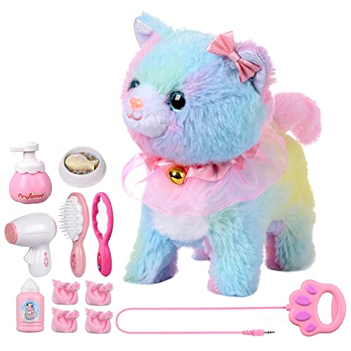 Volunna Remote Control Electronic Plush Cat Toy Pet for Girls Kids Interactive Toys, Walks, Barks, Pretend Dress Up Realistic Stuffed Animal for Age 3 4 5+ Years Old Best Gift (Cat-Colourful)