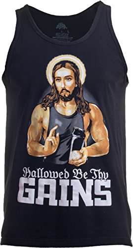 Hallowed Be Thy Gains | Funny Muscle Jesus Weight Lifting Workout Humor Tank Top-(Adult,XL) Black
