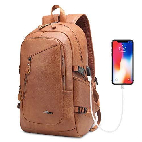 DYJ Vegan Leather Laptop Backpack for Women&Men, Faux Leather Vintage Weekend Travel Daypack with USB Charging Port Fit 17 Inch Laptops