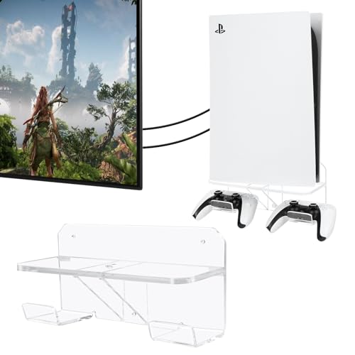 Desing Wish PS5 Wall Mount Bracket with 2 Controller Holders Organizer, PS5 Wall Stand Acrylic Wall Mount Holder for Playstation 5 Disc/ Digital Edition - Clear