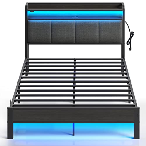 Rolanstar Bed Frame Full Size with Charging Station and LED Lights, Upholstered Headboard with Storage Shelves, Heavy Duty Metal Slats, No Box Spring Need, Noise Free, Easy Assembly, Dark Grey