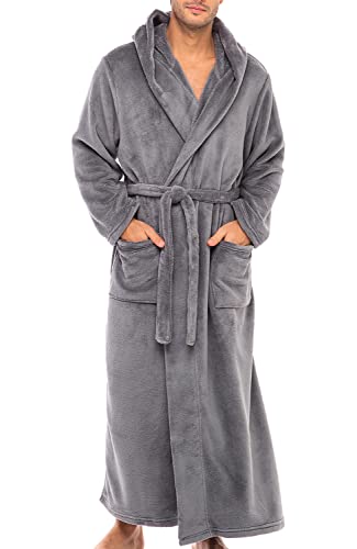 Alexander Del Rossa Men’s Robe, Plush Fleece Hooded Bathrobe with Pockets, Gray, Large (A0125STLLG)