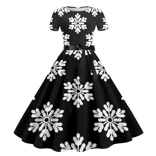 Christmas Dresses for Women 50s Vintage Cocktail Swing Dress Snowflake Short Sleeve Midi Dress Holiday Party Dress Black