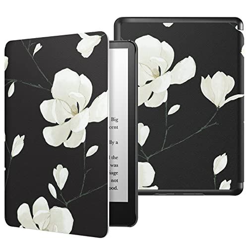 MoKo Case for 6.8' Kindle Paperwhite (11th Generation-2021) and Kindle Paperwhite Signature Edition, Light Shell Cover with Auto Wake/Sleep for Kindle Paperwhite 2021 E-Reader, Black & White Magnolia