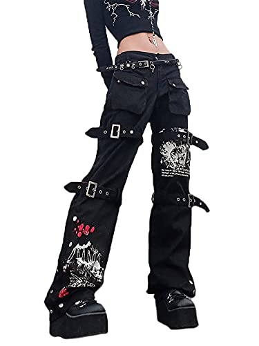 Women's Goth Baggy Jeans Wide Leg E-Girl Grunge Gothic Pants Harajuku Y2k Tripp Pants Punk Streetwear (A2, Small)