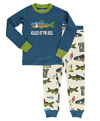 Lazy One Warm Long-Sleeved Kids' Pajamas for Girls and Boys, Funny Kids' Pajama Sets, Cozy, Comfy, Fishing (Asleep at The Reel, 8)