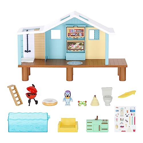 BLUEY Beach Cabin Playset, with Exclusive Figure with Goggles. Includes 10 Play Pieces and Sticker Sheet