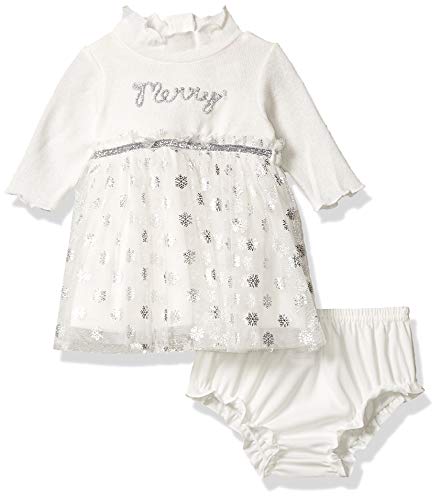 Youngland Baby Girls' Brushed Sweater Knit with Glitter Mesh Tutu Dress and Diaper Cover, White, 3-6M