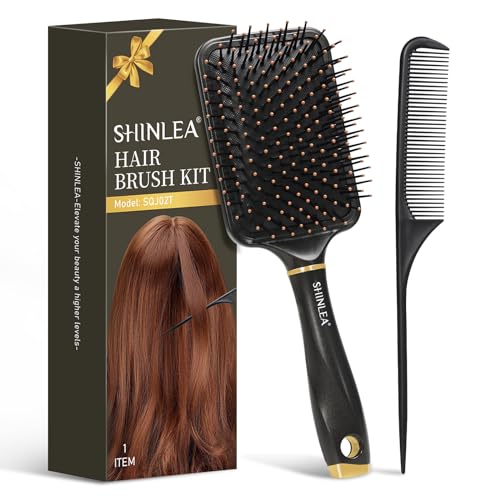 SHINLEA Large Paddle Hair Brush and Tail Comb Set, Detangler Brush for Thick Curly Hair, Massaging Scalp with Soft Nylon Bristle, Styling & Detangling Hairbrush for Women Men Kids