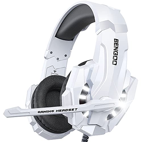 BENGOO Pro Gaming Headset for PS4 PS5 PC Xbox One Controller, Noise Cancelling Over Ear Headphones with Mic, LED Light, Bass Surround, Soft Memory Earmuffs for Laptop Mac - White