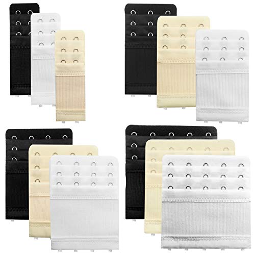 12 Pieces Flexible Bra Extender Strap 2/3/4/5 Hooks 3 Rows Adjustable Elastic Bra Band Extension for Women, Black/White/Beige