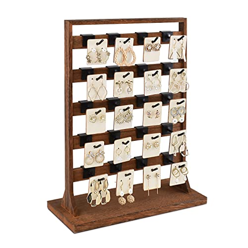 Ikee Design Wooden Jewelry Display Rack with 20 Removable Metal Hooks, Earring Card Display Holder Stand with Hooks, Jewelry Tower for Earring Cards, Necklaces, Keychains, Brown Color