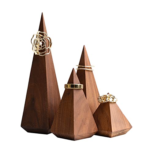GemeShou 4pcs Walnut Jewelry Ring Display for selling, Wood Ring cone holders, Retail jewelry Ring Storage Organizer, Perfect online Business Photo shoot Room Decoration【Walnut Pyramid 4 pcs】