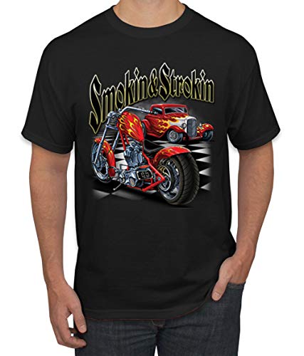Smokin & Strokin Vintage Red Hot Rod and Motorcyle Cars and Trucks Men's Graphic T-Shirt, Black, Medium