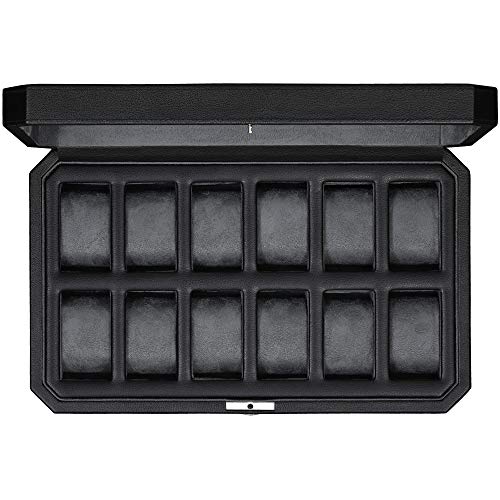 ROTHWELL 12 Slot Leather Watch Box for Men - Luxury Watch Case Display Organizer, Microsuede Liner, Locking Mens Jewelry Watches Holder, Men's Storage Boxes Holder Large Glass Top (Black/Grey)