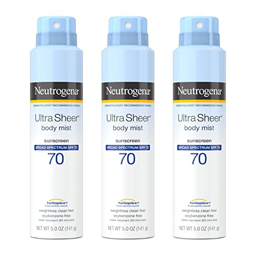Neutrogena Sunscreen Spray, Ultra Sheer  Body Mist, Broad Spectrum SPF 70, Non-Greasy Water Resistant Body Sunscreen Mist, Non-Comedogenic, 5 oz (Pack of 3)