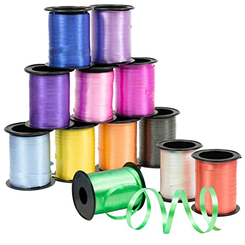 GIFTEXPRESS 12 Curling Ribbon Balloon String Assortment, 12 Crimped Ribbon Rolls Assorted Vivid Colors, 3/16' Ribbon x 60 Ft per Roll for Balloon Band Tie, Art Crafts, Gift Wrapping, Florists