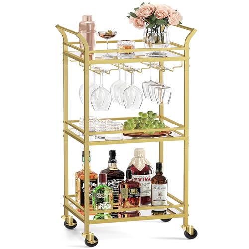 VASAGLE Bar Cart Gold, Home Bar Serving Cart, Small Bar Cart with 3-Tier Mirrored Shelf, Wine Holders, Glass Holder, Mini Bar Cart for Small Space, Kitchen, Dining Room, Living Room, Gold ULRC091A62