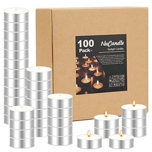 NuCandle Tea Lights Candles 100 Pack Unscented Tealight Candles Bulk for Wedding Christmas Home Decorative Outdoor Mini White Tea Lights Candle