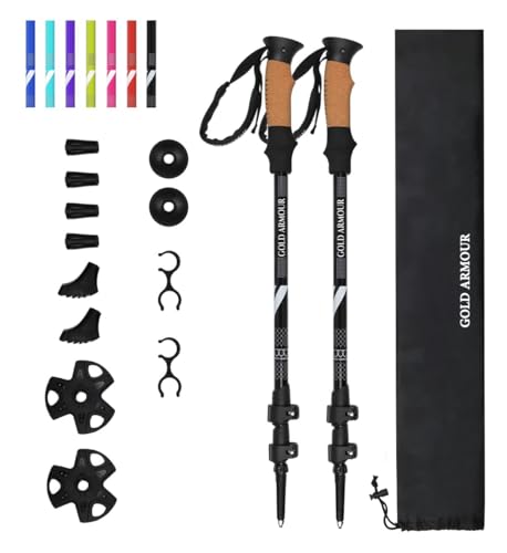 Gold Armour Trekking Poles – Collapsible, Lightweight, Aluminum 7075 Hiking Pole, Walking Sticks with Cork Grips, 4 Season/All Terrain Accessories Tips, Great for Women, Mens, Kids, Snow (Dark Black)