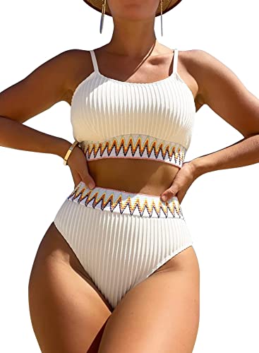 Lilosy High Waisted Tummy Control Bikini Striped Ribbed Women Cheeky Brazilian Bathing Suit Set Leg Rise Bottom Spaghetti Strap Crop Top 2 Piece Swimsuit White Medium