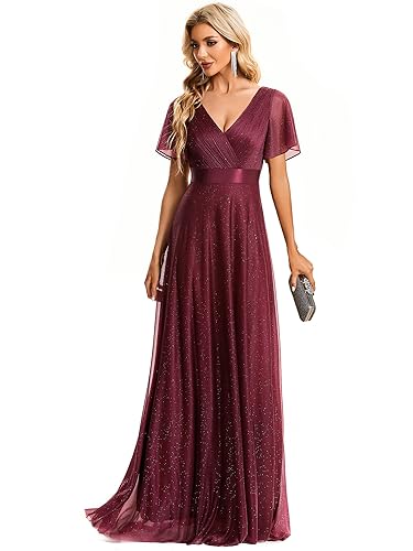 Ever-Pretty Women's V Neck Short Flare Sleeve Ball Gown Mother of Bride Dress Burgundy US14