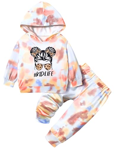 Aulyffo Toddler Girl Outfits 3T 4T Girl Clothes Tie Dye Girl Sweatsuit Hoodie Sweatshirt Pullover + Joggers Pants 2 Piece Toddler Clothes for Girls Sweatsuits Sets Yellow