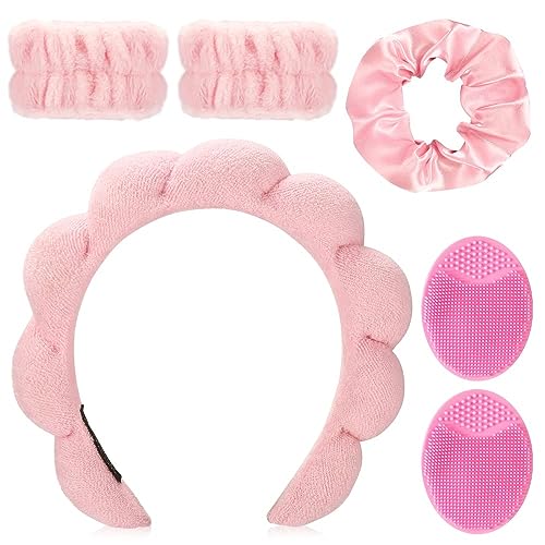 FOSUYI Spa Headband for Washing Face Sponge Bubble Headbands Face Wash headband and wristband set for Women Girls Makeup Skincare Cute Pink Head Wear Portable Hair Accessory for Travel