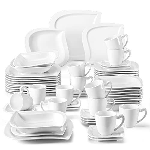 MALACASA Ivory White Dinnerware Sets, 60-Piece Square Plates and Bowls Sets, Porcelain Dinner Set with Dinner Plate Set, Soup Bowls, Cups and Saucers, Kitchen Dish Set for 12, Series Elvira