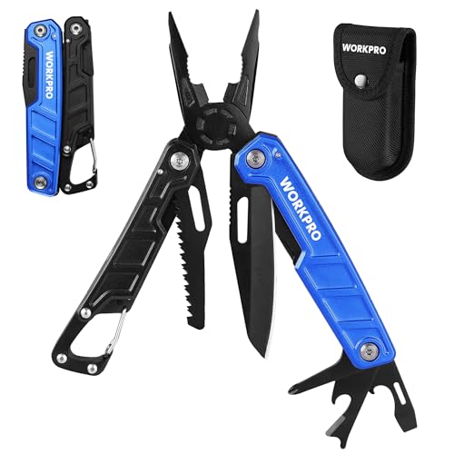 WORKPRO Multitool-11 in 1 Multitool Pliers with Pocket Clip and Sheath-EDC Multi Tool Knives with Safety Lock-Camping Tools Pocket Knife with Screwdriver Saw Blade Wire Cutter and Bottle Opener-Blue