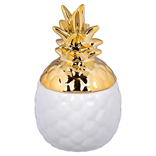 Truu Design Small Adorable Novelty Pineapple Design Ceramic Jewelry Storage Jar, Jewelry Organizer, 3.25 x 5.5 inches, White, Gold