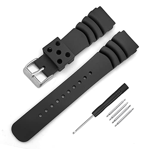Black Silicone Rubber Curved Line Watch Band 20mm 22mm Fit for Seiko Watches Replacement Divers Model Sport Watch Strap (22mm, Black)