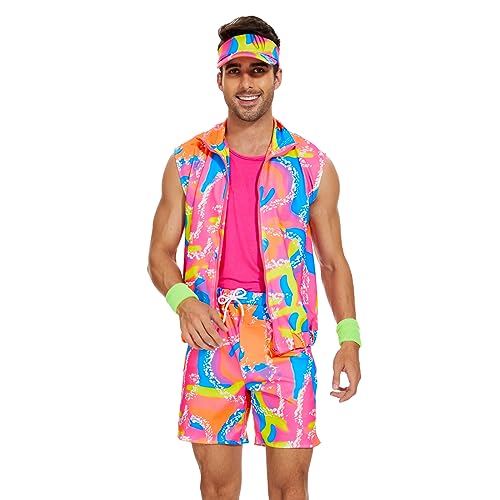 Yonroik 5 Pieces 80s Workout Costume for Men Halloween Cosplay 80s 90s Workout Outfit Party Clothing for Adult Mens (Pink, X-Large)