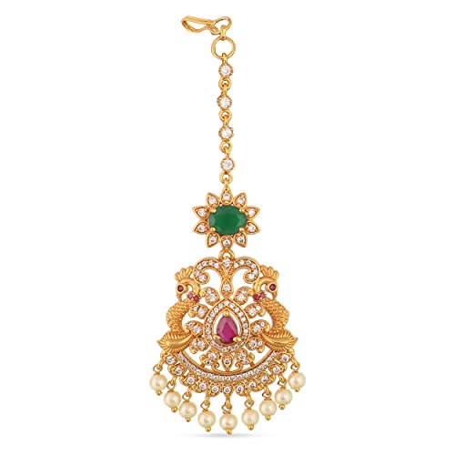 Tarinika Antique Gold Plated Viksha Maangtika with Peacock Design - Indian Maang Tika for Women and Girls Perfect for Ethnic Occasions | Traditional Indian Maang Tikka | 1 Year Warranty*
