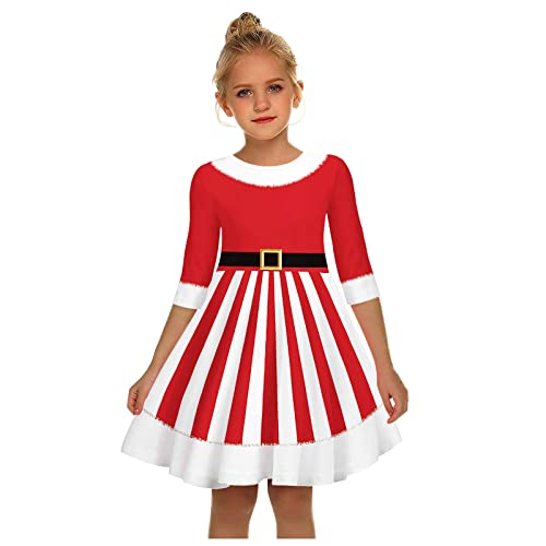 Muzuld 7-12 Years Kids Girls Dress Suit Christmas Striped Print Patchwork Soft Warm Skirt Swing Gorgeous Beautiful Dresses