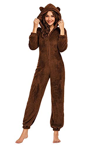 chouyatou Women's Ultra Comfy Lounge Furry Sherpa Romper Onesie Pajamas Cute Ear Hood (Small, Brown)
