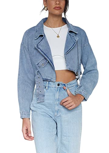 chouyatou Women's Boyfriend Jean Shakcet Jacket Zipper Belted Moto Denim Blazer Jacket (Large, Blue)