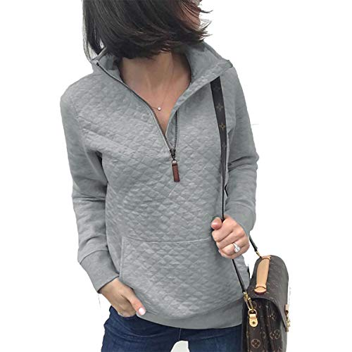 Women's Fashion Quilted Pattern Long Sleeve Casual Zipper Sweatshirt Solid Color Pullover Shirt Top.JNINTH Light Gray