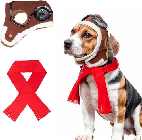 Pet Aviator Hat Red Scarf Aviator Pilot Cosplay Costume Halloween Christmas Headwear Headpiece Party Favors Dogs Cats (Aviator Hat with Scarf, Medium/Large)