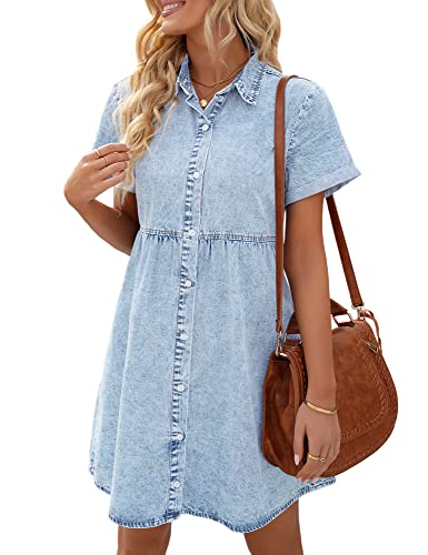 LookbookStore Denim Dress for Women Blue Jean Short Sleeve Denim Shirt Dress Casual Summer Babydoll Dresses Roadknight Blue Size M Size 8 10