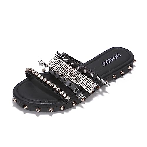 Cape Robbin Xtreme Studded Womens Sandals - Fashion Slides for Women with Spikes - Comfortable Slip-On Flat Sandals for Women - Summer Sandals for Women 2024 - Black Size 8