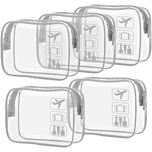 F-color TSA Approved Toiletry Bag 5 Pack Clear Toiletry Bags - Quart Size Travel Bag, Clear Cosmetic Makeup Bags for Women Men, Carry on Airport Airline Compliant Bag, Grey