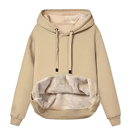 Mnhhatv Womens Fleece Winter Coat Plus Size Long Sleeve Crew Neck Hoodies Trendy Workout Drawstring Warm Hooded Sweatshirt Khaki