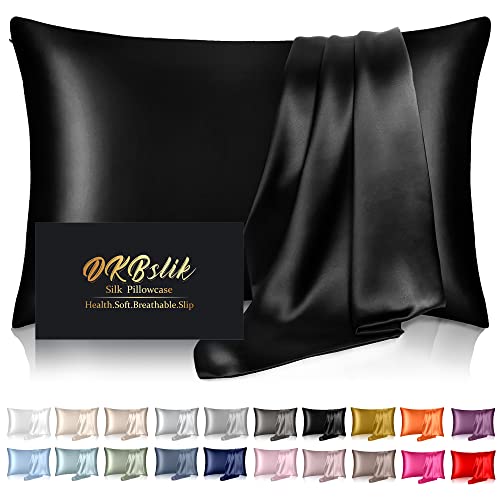 Silk Pillowcase for Hair and Skin, Mulberry Silk Pillow Cases Standard Size, Anti Acne Cooling Beauty Sleep Both Sides Natural Silk Satin Pillow Covers with Hidden Zipper, Gifts for Women Men, Black