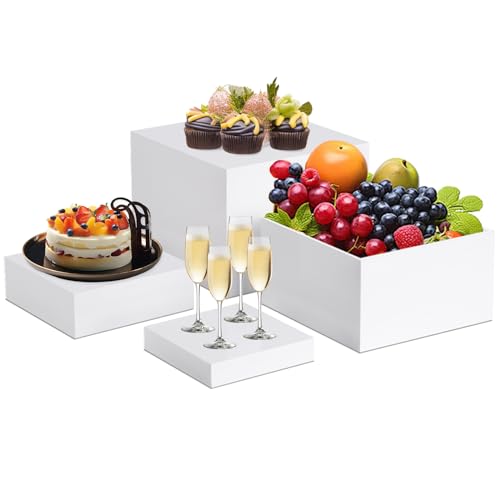 Zsdios Buffet Risers, 4Pcs Acrylic Risers Dessert Table Display Set ,Wedding Decor Food Risers for Buffet Table,Cake Stands for Dessert Table, White Cube Catering Supplies Buffet Display