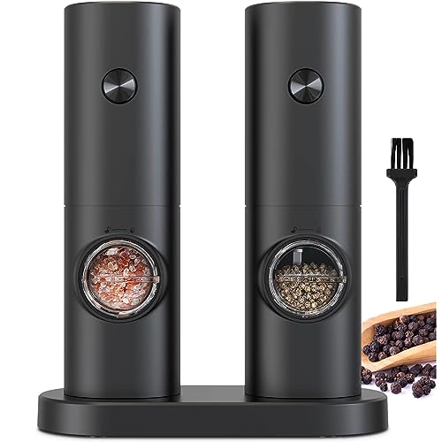 COKUNST Electric Pepper and Salt Grinder Set, Battery Powered Adjustable 5 Levels of Coarseness Black Pepper Grinder Mill with Stand, Automatic Grinding with LED Light for BBQ Resturant Kitchen