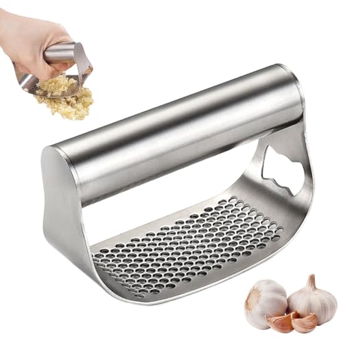 Stainless Steel Garlic Presser, 2024 New Garlic Press Rocker Garlic Mincer Garlic Crusher with Peeler and Cleaning Brush, Comfortable Handle Garlic Chopper for Smash Garlic Kitchen Tools (A)