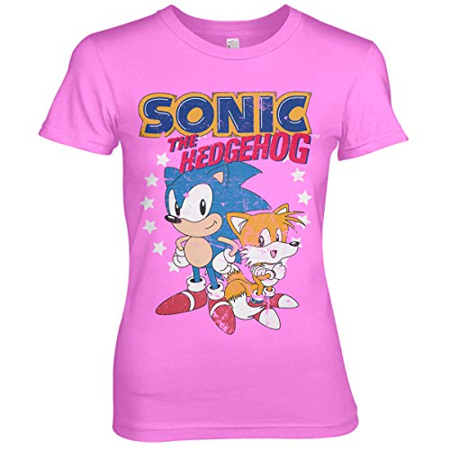 Sonic The Hedgehog Officially Licensed Sonic & Tails Women T-Shirt (Pink), Large