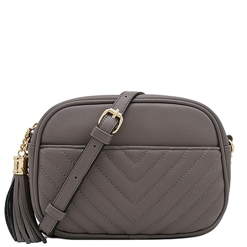 FashionPuzzle Chevron Quilted Crossbody Camera Bag with Chain Strap and Tassel (Grey) One Size
