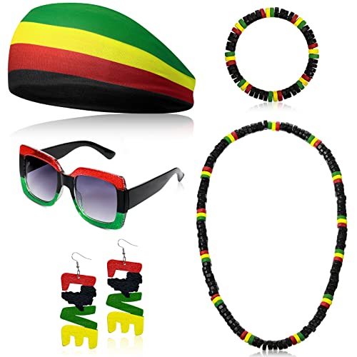 5 Pieces Rasta Women's Jewelry Set Rasta Accessories for Women Include Rasta Headband, Rasta Sunglasses, Wood Dangle Earrings, Jamaica Necklace, Jamaica Bracelet for Women (Love Style)